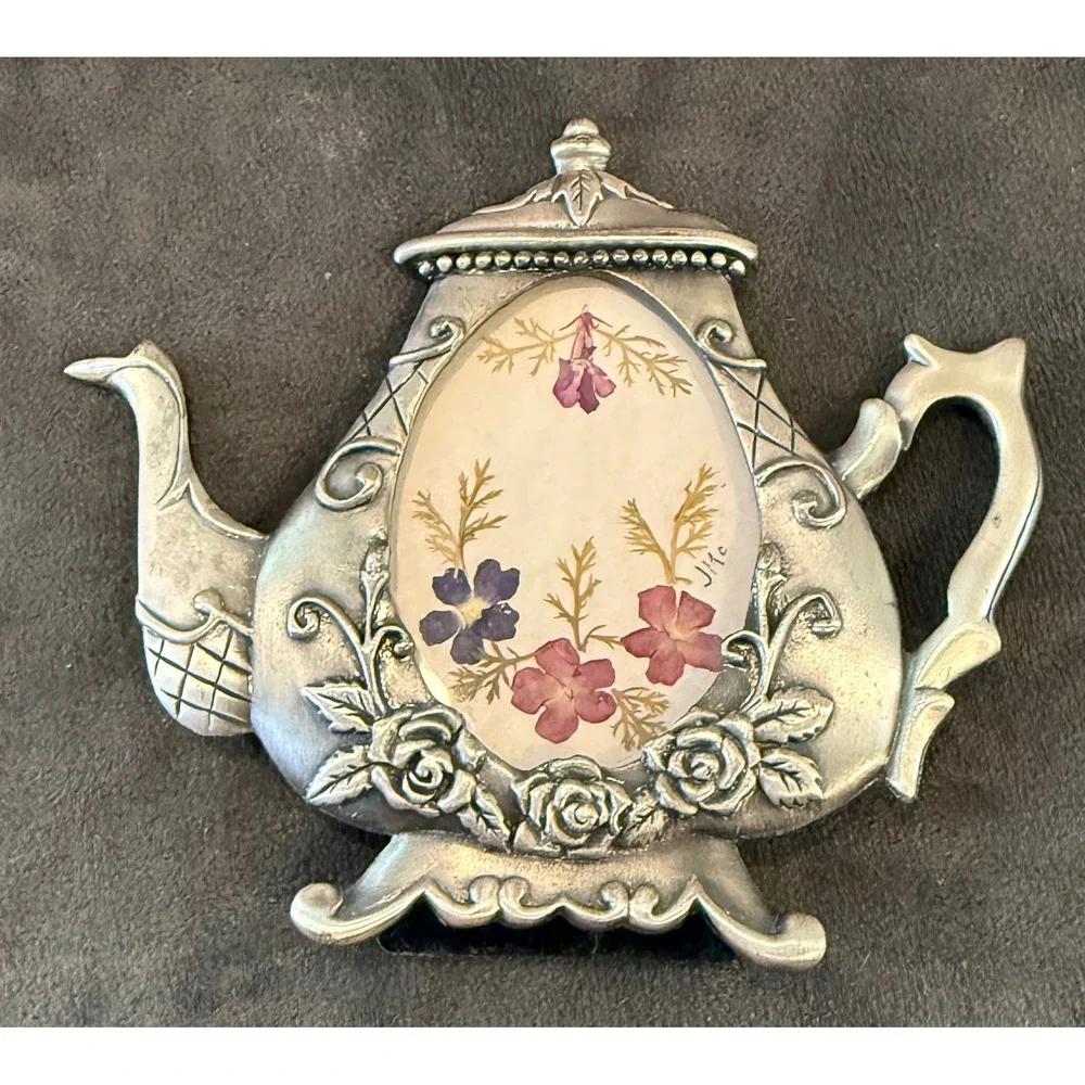 Teapot Picture Frame Silver Tone Pressed Flowers Rose Pewter Cottagecore Garden